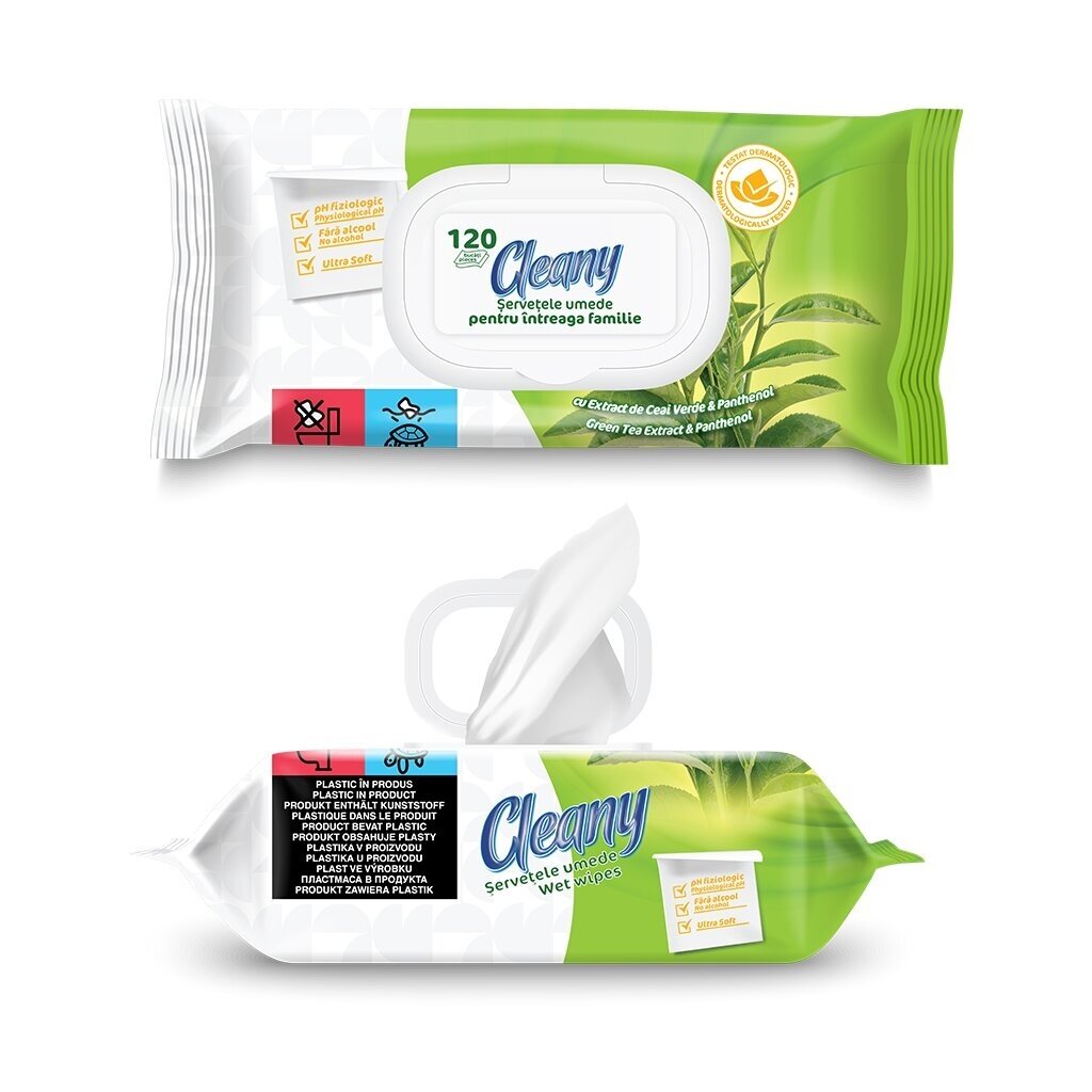 Niisked salvrätikud, CLEANY, rohelise tee ekstrakt ja pantenool, 120 tk