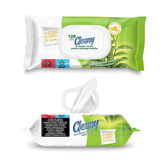 Niisked salvrätikud, CLEANY, rohelise tee ekstrakt ja pantenool, 120 tk
