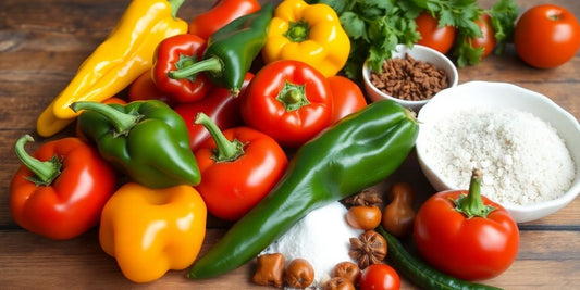 Saldie pipari un tomāti uz koka galda.