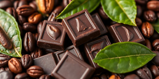 Tumšā šokolāde un kakao pupiņas ar zaļām lapām.