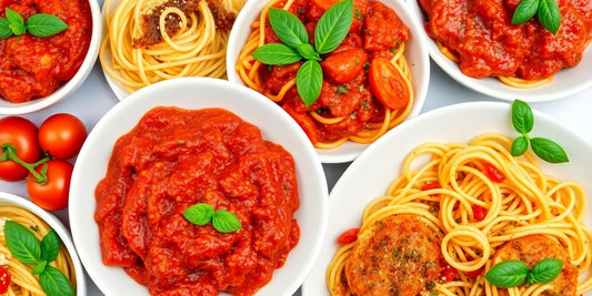 Tomātu pasta ēdieni ar garnējumiem un svaigām garšvielām.