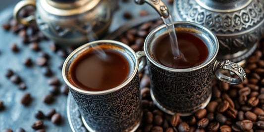 Turku kafija tradicionālajos kausos ar kafijas pupiņām.