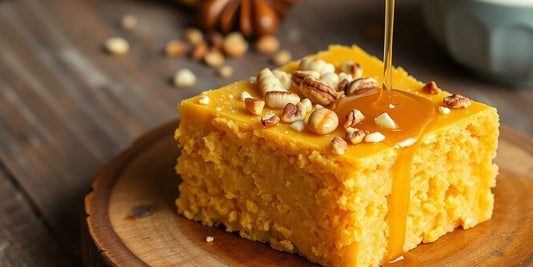 Halva gabals ar riekstiem un medu uz galda.