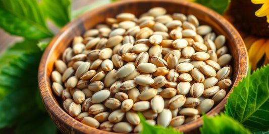 Saulespuķu sēklas koka bļodā ar zaļām lapām.