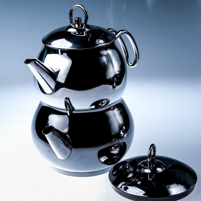 Topelt türkiissinine teekann, roostevaba teras metallist käepidemetega 