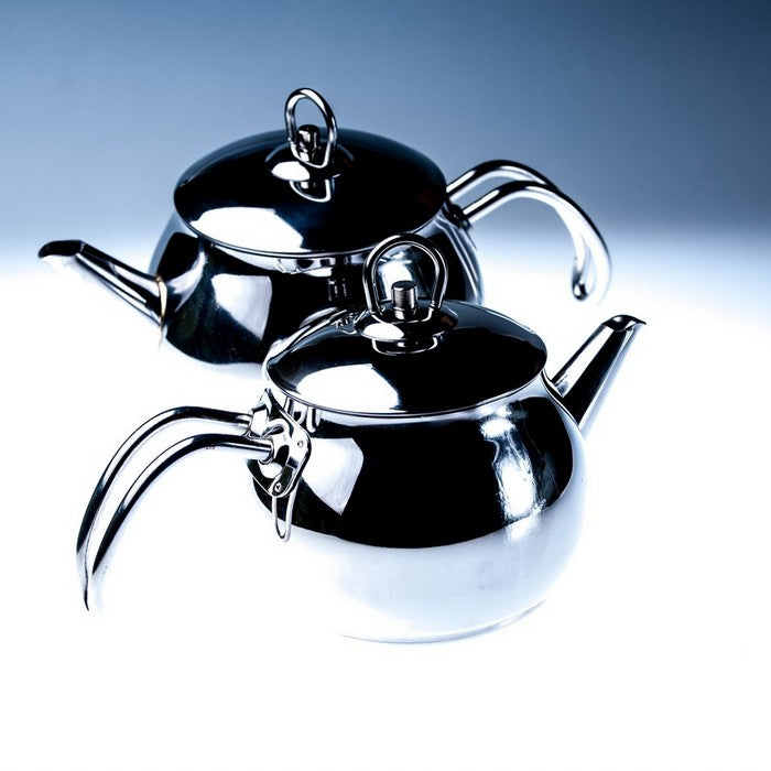 Topelt türkiissinine teekann, roostevaba teras metallist käepidemetega 